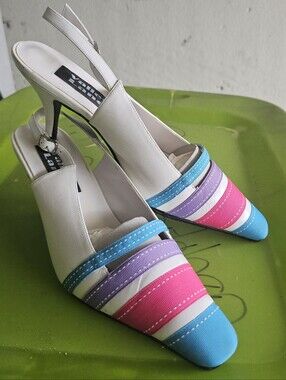 White Slingback Heels with Blue, Pink & Purple Stripes